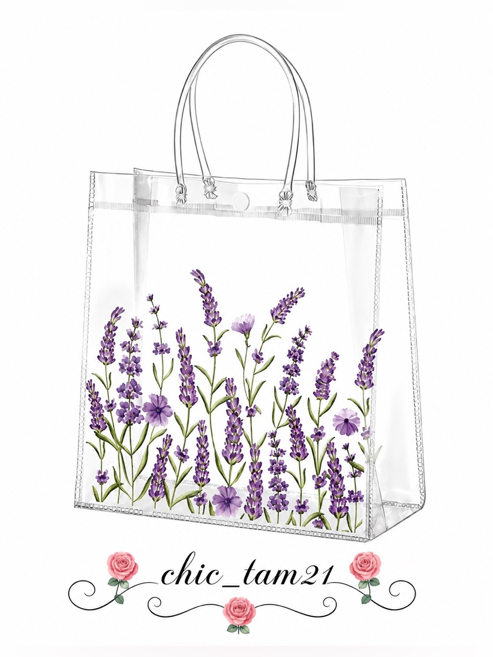 Clear Reusable Tote Bag with Purple Lavender Print